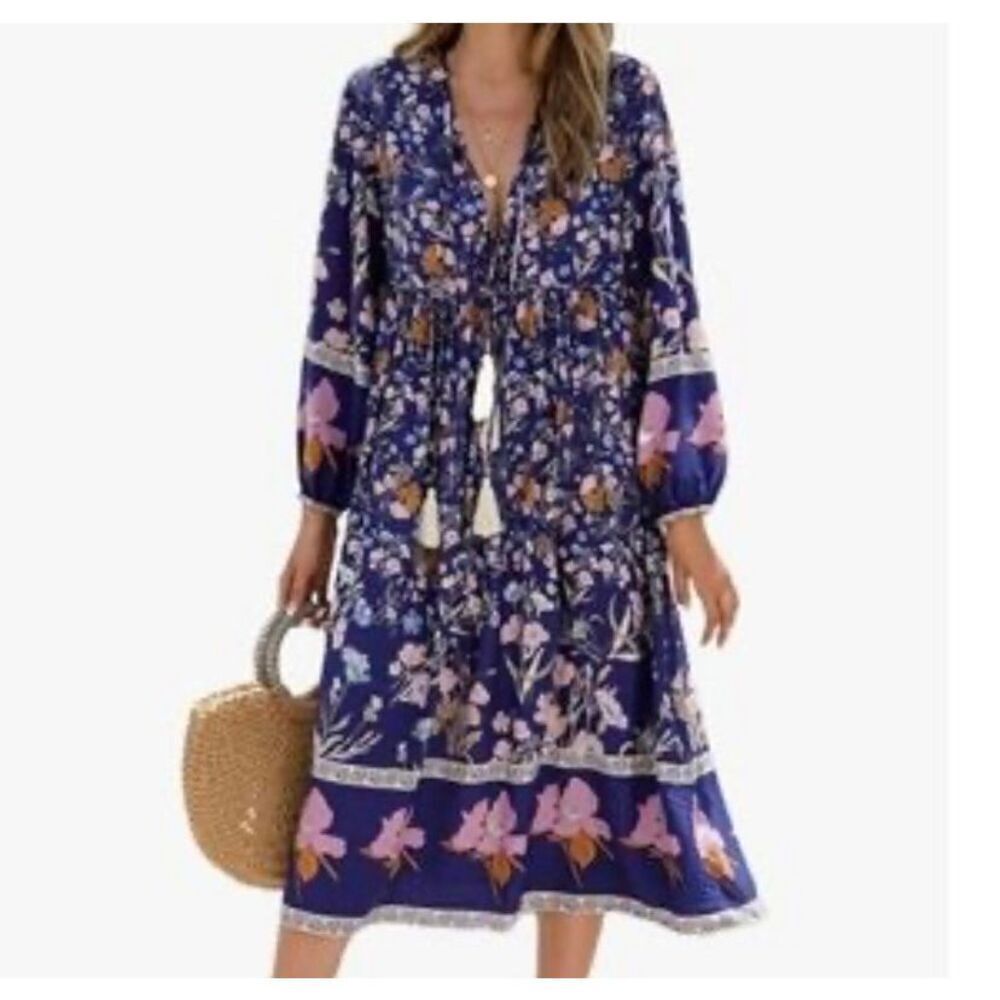 R. Vivimos women’s long sleeve Florida blue V-neck tassel BoHo dress S/L